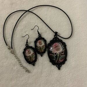 Black Frame with Pink Rose Necklace & Earring Set